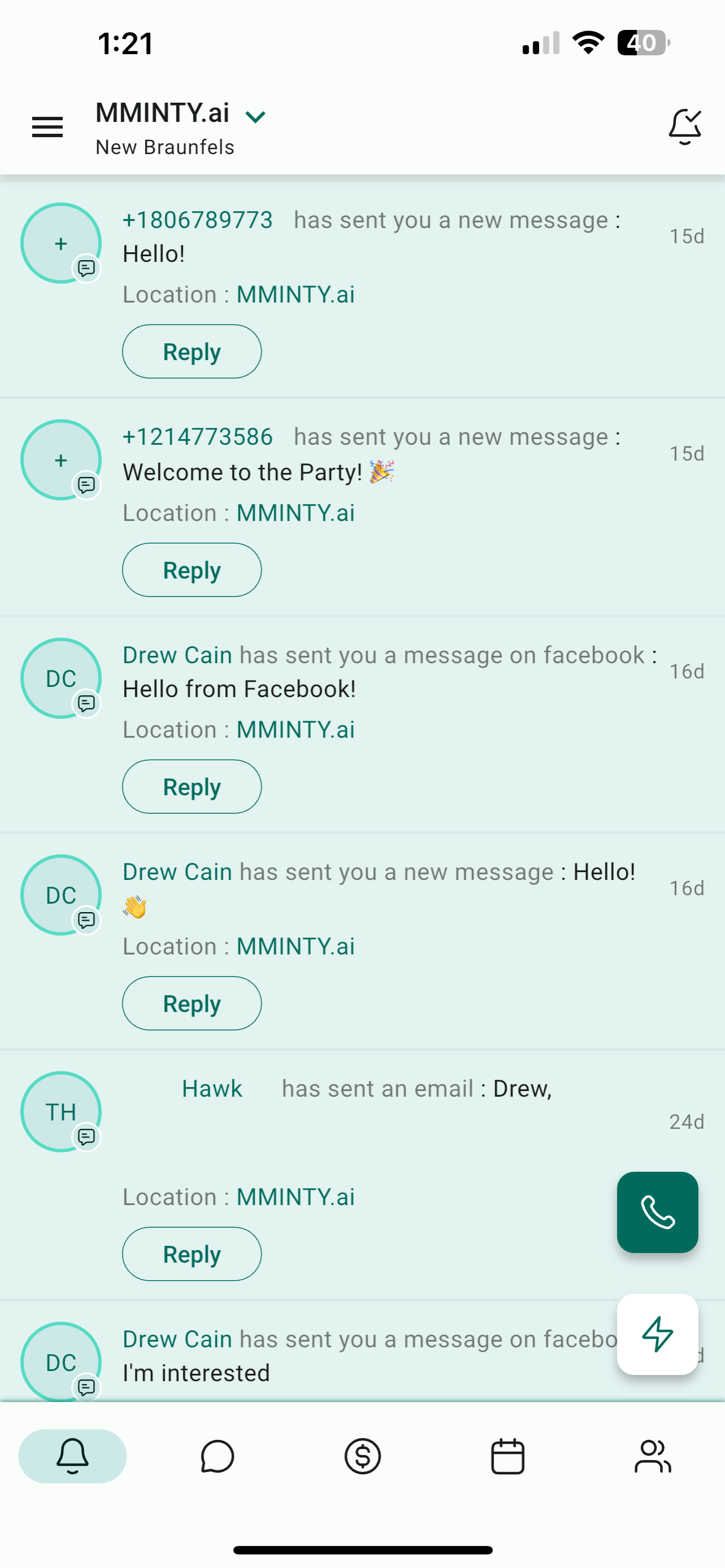 Hexnut.ai message dashboard showing automated customer interactions and lead management